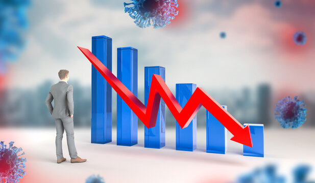 Economic crisis caused by Covid-19. Coronavirus brings financial loss, bankruptcy and recession. 3d rendering.