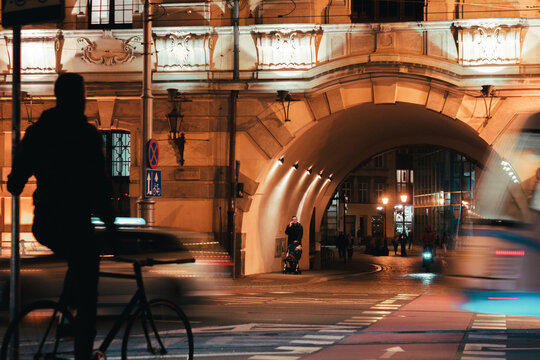 Night Street Of Wroclaw City With Transport And People