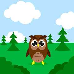 Happy owl in a forest. Vector cartoon illustration. Isolated.