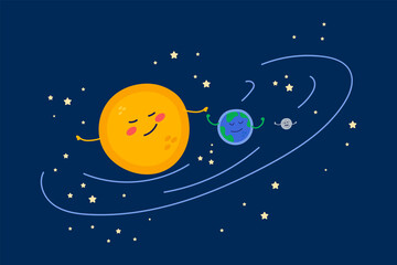 Obraz na płótnie Canvas Illustration of cute Planets in a circle of stars. Cartoon universe for children: Sun, Earth, Moon. Beautiful friendly planets hand drawing for children's textile design. Vector illustration