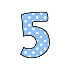 Hand drawn vector number 5 with polka dots on pastel blue isolated on white background