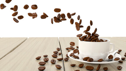 Coffee beans falling to coffee cup on wood white background 3d rendering