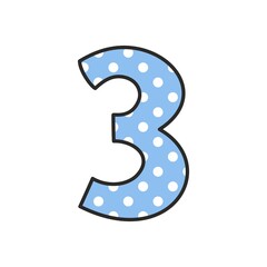 Hand drawn vector number 3 with polka dots on pastel blue isolated on white background