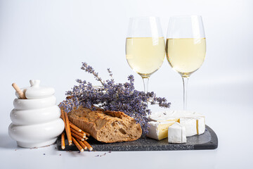 Wine, cheese and honey. Free space for text