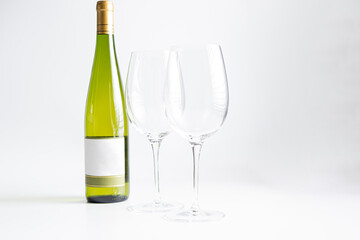 Bottle of wine and glass on isolated on white