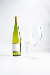 Bottle of wine and glass on isolated on white