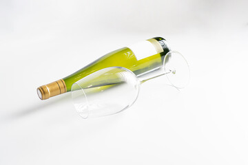 Bottle of wine and glass on isolated on white