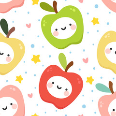 Cute apple fruit kawaii face seamless pattern, abstract repeated cartoon background, vector illustration