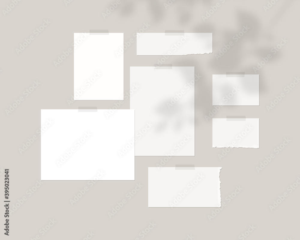 Poster mood board mockup template. empty sheets of white paper on the wall with shadow overlay. mockup vect