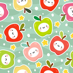 Obraz na płótnie Canvas Cute apple fruit kawaii face seamless pattern, abstract repeated cartoon background, vector illustration