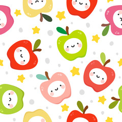 Cute apple fruit kawaii face seamless pattern, abstract repeated cartoon background, vector illustration