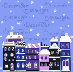 Purple vector illustration with cityscape inscription 'December'.