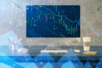 Multi exposure of forex graph and work space with computer. Concept of international online trading.