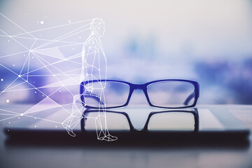 Startup drawing with glasses on the table background. Double exposure.