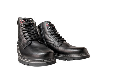 Black boots made of genuine leather. Men's winter warm footwear. Isolated over white background.