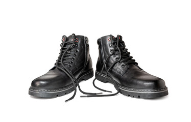 Black boots made of genuine leather with untied laces. Men's winter shoes on a white background.