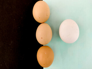 Top view of three raw brown eggs arranged in a line with one white egg placed near. Isolated on black and mint color background.