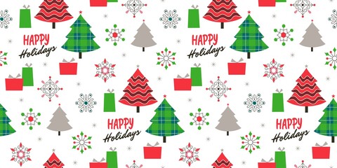 New Year pattern with Christmas tree, snowflakes and gifts. Seamless vector pattern for winter holidays.