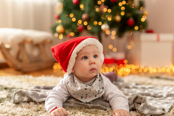 Little boy wearing Santa hat crawling near the Christmas tree