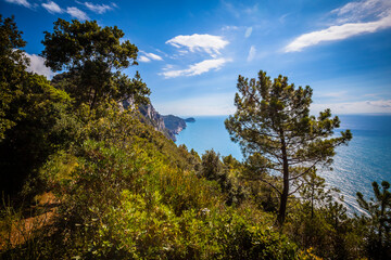 The beautiful coastline of the Cinque Terre between Riomaggiore and Porto Venere in Liguria,  Italy