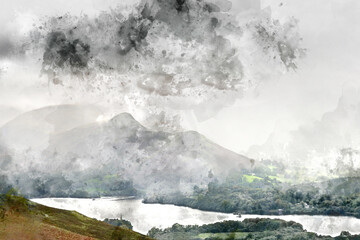 Digital watercolor painting of Stunning epic landscape image across Derwentwater valley with falling rain drifting across the mountains causing pokcets of light and dark across the countryside