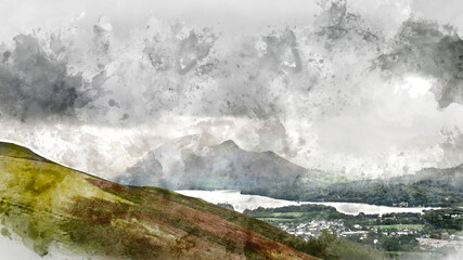 Digital watercolor painting of Stunning epic landscape image across Derwentwater valley with falling rain drifting across the mountains causing pokcets of light and dark across the countryside