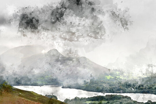 Digital watercolor painting of Stunning epic landscape image across Derwentwater valley with falling rain drifting across the mountains causing pokcets of light and dark across the countryside