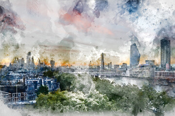 Digital watercolor painting of Stunning beautiful landscape cityscape skyline image of London in England during colorful Autumn sunrise