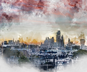 Fototapeta premium Digital watercolor painting of Stunning beautiful landscape cityscape skyline image of London in England during colorful Autumn sunrise