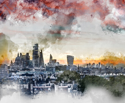 Digital Watercolor Painting Of Stunning Beautiful Landscape Cityscape Skyline Image Of London In England During Colorful Autumn Sunrise