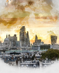 Fototapeta premium Digital watercolor painting of Stunning beautiful landscape cityscape skyline image of London in England during colorful Autumn sunrise