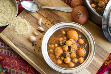 Traditional Turkish food; bulgur soup with minced meat 