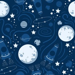 Space seamless pattern. Planets, rockets and stars