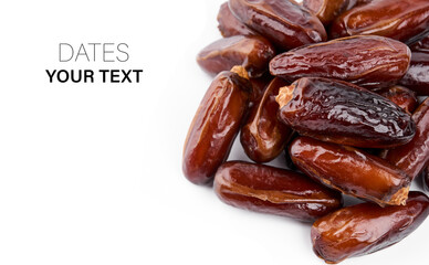 Creative layout made of dried dates. Flat lay. Food concept. Fruits dates. Dates Palm fruit isolated on white. Dried fruits. Healthy diet.