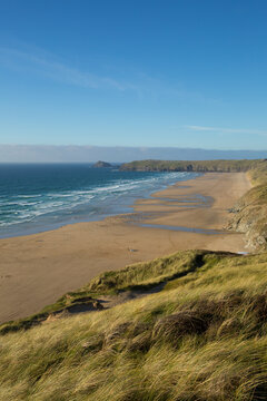 Perran Sands beach Perranporth Cornwall with sand dunes
