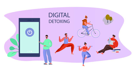 Digital Detox and Gadget Disconnecting.Characters Threw in Trash or Turned off  Smartphones and Reading Books and do Sport and Yoga. Escape from Internet and Digital Media Addiction.Vector Illustratio