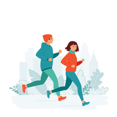 Fototapeta na wymiar Young man and woman in sporty clothes runs. Family active healthy lifestyle concept, leisure activity, weekend, city marathon, competition. Morning, evening jogging. Isolated vector illustration