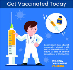 Get Vaccinated Today. Corona Virus, Covid-19 vaccination awareness concept. Flat style illustration.