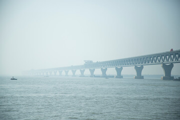 winter morning thick fog Padma bridge view in the Padma river Bangladesh