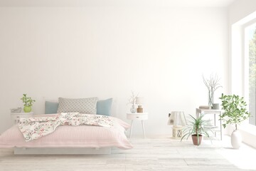 White bedroom interior. Scandinavian design. 3D illustration