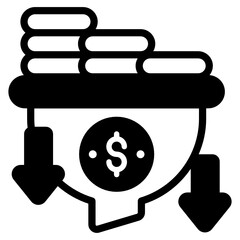
Coins on funnel with down arrows, money flow icon in solid editable style 
