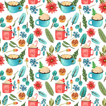 Watercolor seamless Christmas pattern with sweets and decorations on a white background. Print with cups of hot drinks and marshmallows, Christmas candies and winter botany.
