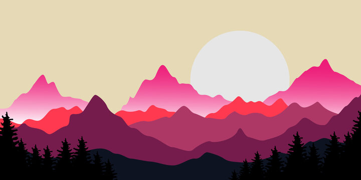 vector landscape illustration design template, with pictures of beautiful mountains and trees