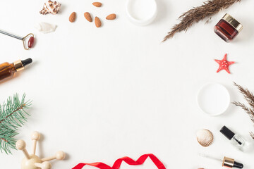 Flat lay of beauty facial and body cosmetic products with copy space. Skincare cosmetic products. Bodycare and treatment at home concept. White background. wallpaper background