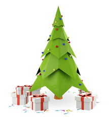 3D illustration with a Christmas tree and gifts. Low poly style. Bright cartoon postcard.