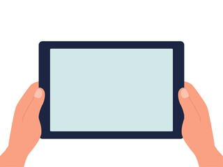 Hands holding a tablet with a blank screen on a white isolated background. Vector flat illustration