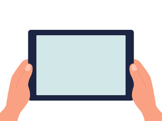 Hands holding a tablet with a blank screen on a white isolated background. Vector flat illustration