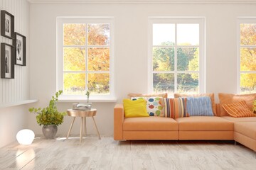 Stylish empty room in white color with autumn landscape in window. Scandinavian interior design. 3D illustration
