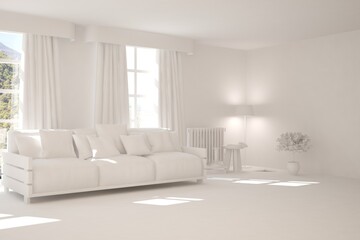 White minimalist living room with sofa. Scandinavian interior design. 3D illustration