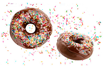 Donuts fly covered with chocolate frosting and decorated with colorful sprinkles isolated on a white background. Funny and delicious doughnuts
